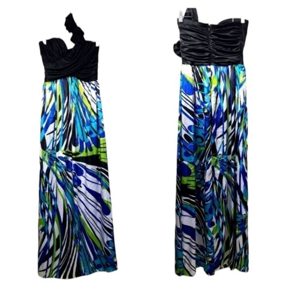 My Michelle One Shoulder Peacock Maxi Dress Colorful Satin Sweetheart Rosette - Picture 2 of 15